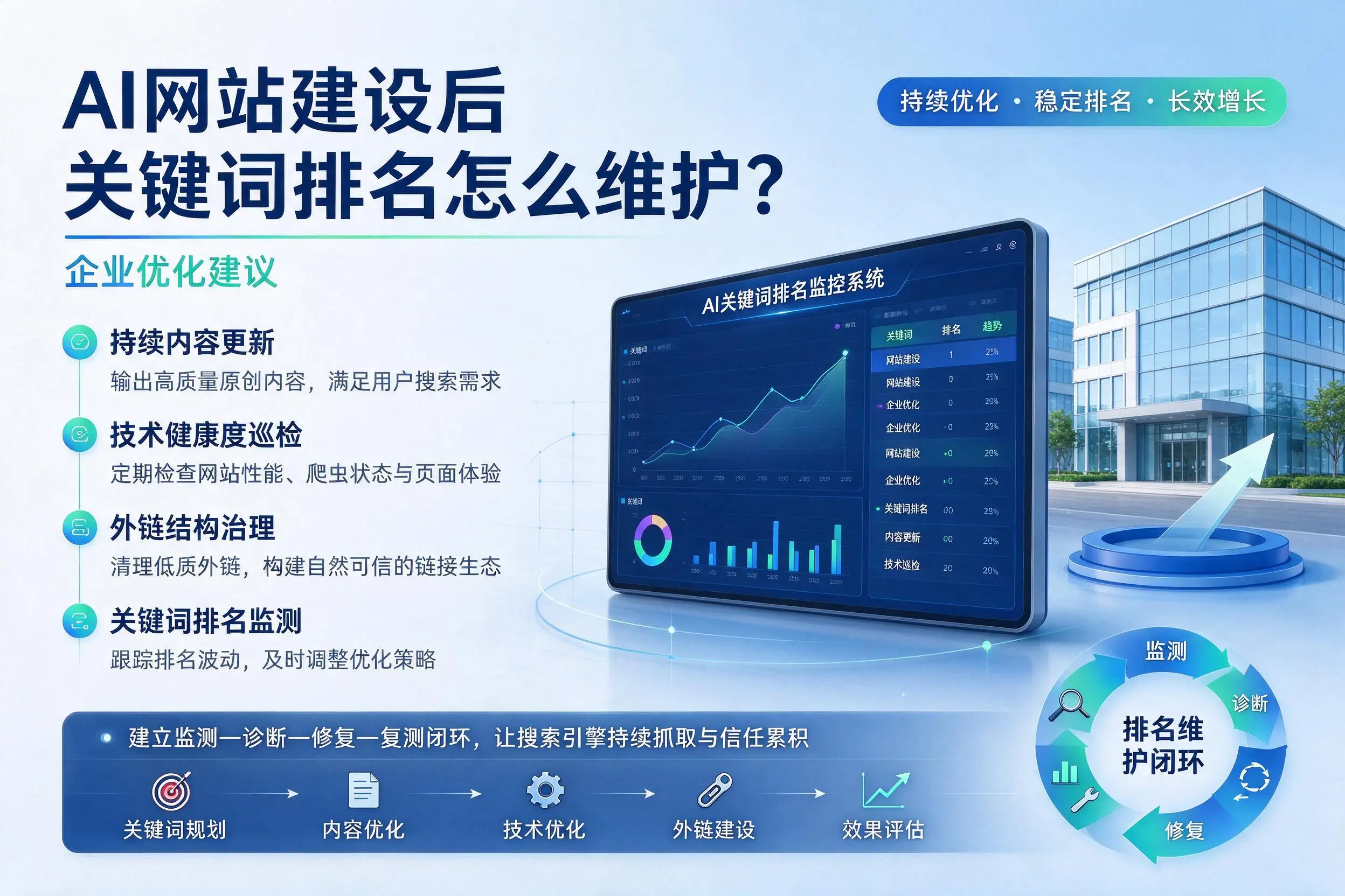 AI网站建设后关键词排名怎么维护？铁门关企业优化建议
