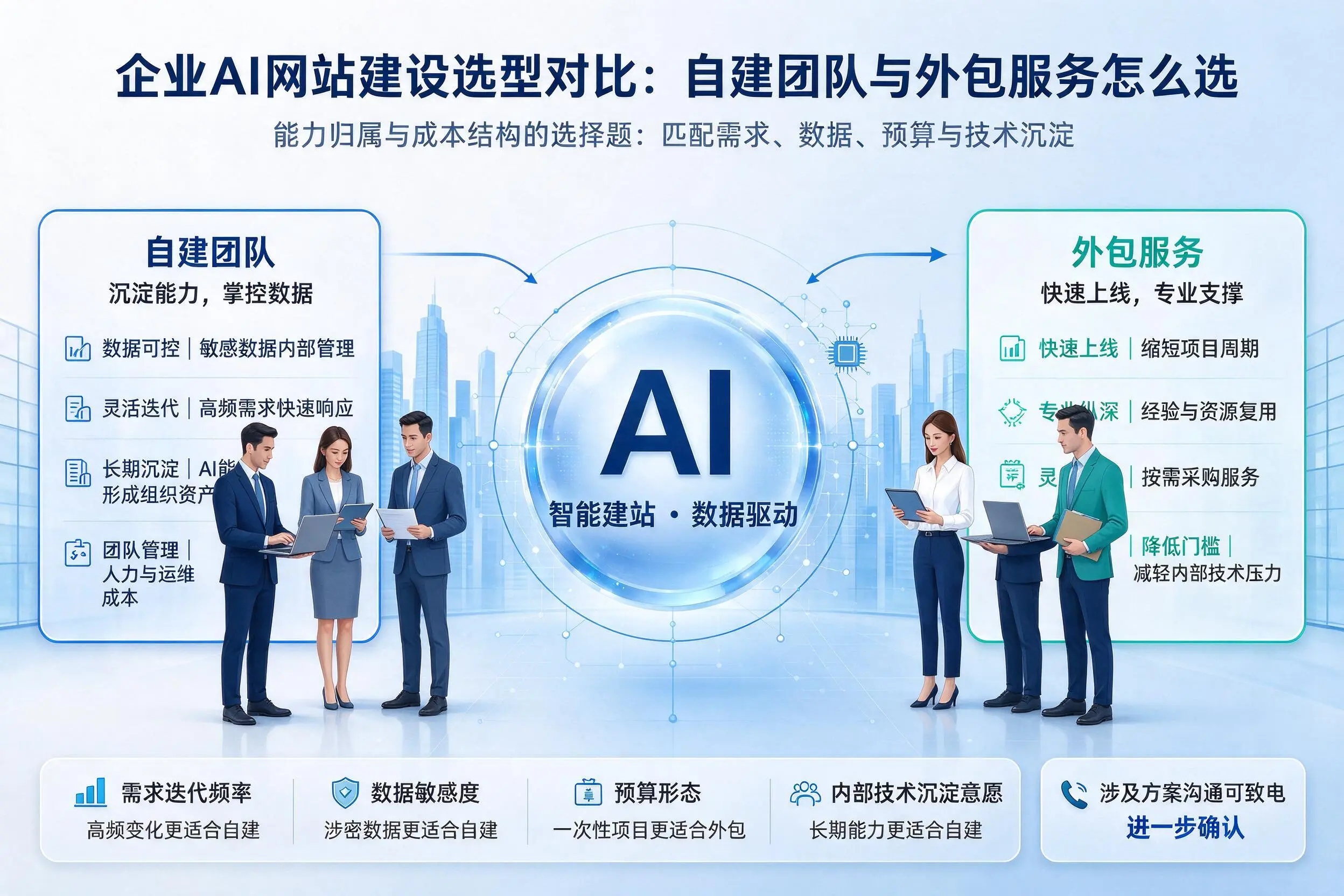 铁门关企业AI网站建设选型对比：自建团队与外包服务怎么选